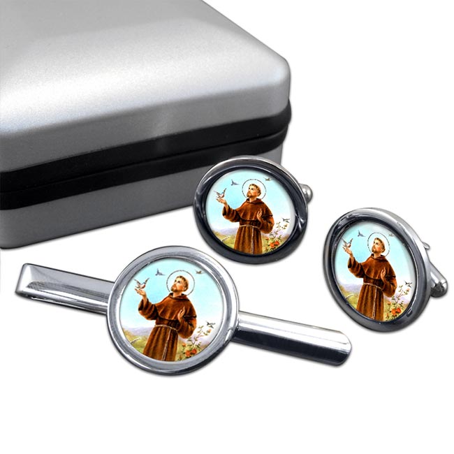 Francis of Assisi Round Cufflink and Tie Clip Set